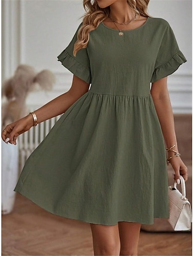  Women's ArmyGreen Red Navy Blue Summer Spring Mini Dress Linen-Inspired Dresses Casual Dress Cotton Linen Dress Basic Modern Casual Daily Weekend Loose Fit Plain Crew Neck