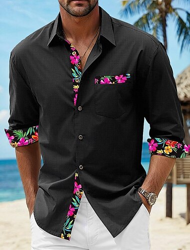  Per uomo Camicia camicia di lino Camicia estiva Abbigliamento mare Camicia con bottoni Floreale Da mare Curise Nero Bianco Rosa Blu Manica lunga Bavero Primavera & Autunno Abbigliamento Splice