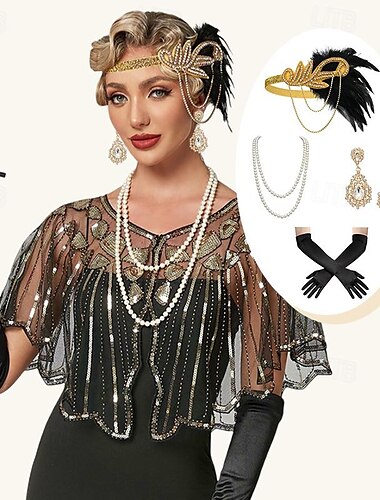  Retro vintage Roaring jaren '20 Jaren 1920 Jaren ‘20 flapper hoofdband Accessoireset Omslagdoeken The Great Gatsby Flapper Girl Charleston Pailletten Dames Halloween Carnaval Maskerade Cocktailparty