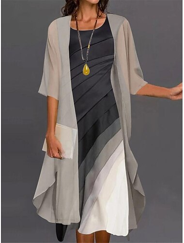  Damen Kleid-Set Chiffon-Kleid Ausgefallene Farbblock Bedruckt kleid lang Halbe Ärmel Rundhalsausschnitt Party kleid hochzeitsgast Schwarz Khaki Grau Sommer Herbst Regular Fit