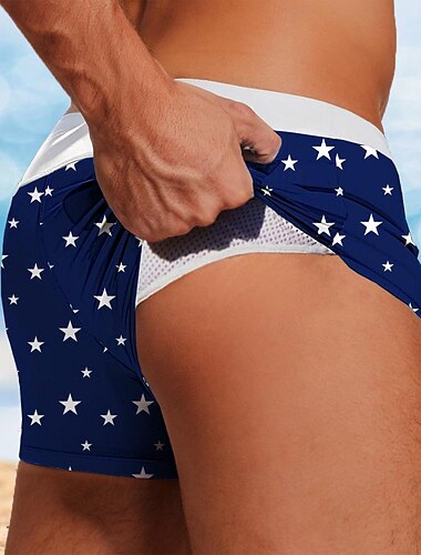  男性用 星形 幾何学模様 7月4日 米国建国250周年 スイムトランク スイムショーツ ボードショーツ ミディアムウエスト ファッション デザイナー ビーチ 祝日 スイミングプール ドローストリング ポケット 弾性ウエスト デザイナー 衣類