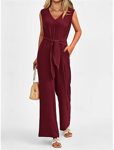 Női Szabályos Jumpsuitek Elegáns Tömör szín Ujjatlan V-alakú Fűzős Zseb Iroda Üzleti Normál Fekete Bor Katonai zöld Nyár