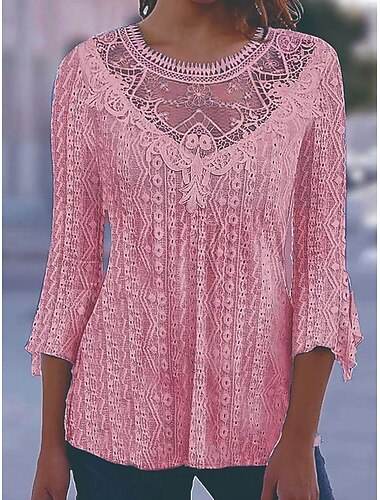  Hemd Bluse Elegante Oberteile Damen Schwarz Weiß Rosa Glatt Spitze Strasse Täglich Modisch Rundhalsausschnitt Regular Fit S