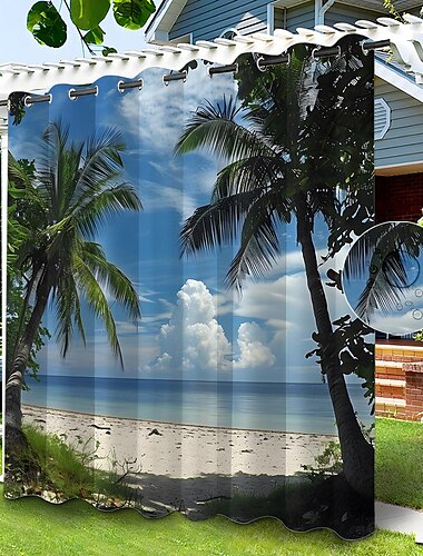  Wasserdichter Outdoor Vorhang Sichtschutzvorhang für den Außenbereich, Schiebevorhänge für die Terrasse, Pergola mit Ösen, Strand-Palmen-Landschaft für Pavillon, Balkon, Veranda, Party, 1 Panel