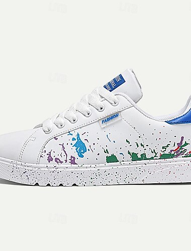  Lässige weiße Herren-Sneaker mit Farbspritzer-Design - bequeme modische Low-Top-Schnürschuhe