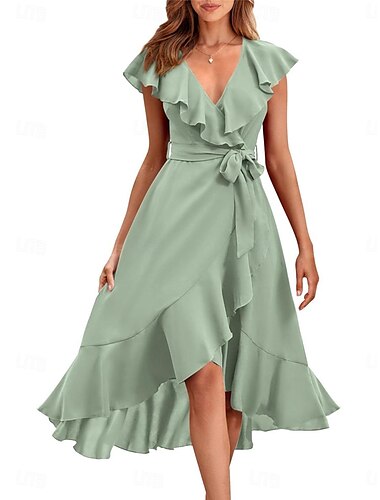  Damen Casual kleid Midikleid mit Schnürung Rüsche Verabredung Urlaub Strassenmode Basic V Ausschnitt Kurzarm Schwarz Rote Leicht Blau Farbe