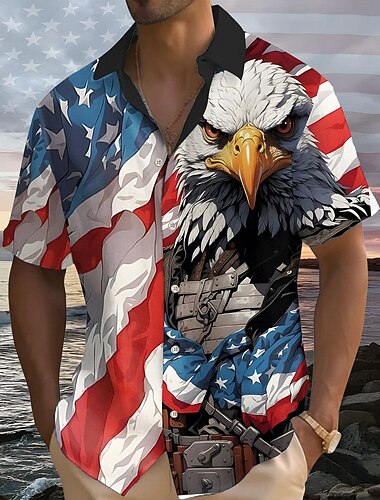  Amerikaanse onafhankelijkheidsdag Voor heren 4 juli, 250e verjaardag van de VS Amerikaans / VS. Amerikaanse vlag Overhemd met knopen Korte mouw Resortstijl Casual Causaal Feestdagen Zomer Strijkijzer