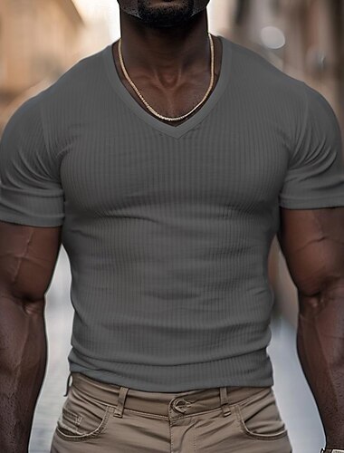  Herren T Shirt Geripptes Strick-T-Shirt T-Shirt Kurze Ärmel V Ausschnitt Sommer Einfach Grubenstreifen Mode Designer Basic Knöpfe Urlaub Straße Ausgehen Schwarz Weiß Marineblau Top T-Shirt für Herren