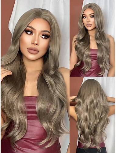  Synthetische Spitzeperücke Locken Stil 26 Zoll Braun Mittelteil 13 x 1 Spitzenfront Perücke Damen Perücke Hellbraun Hellbraun
