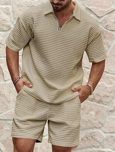  Herren Waffel-Henley-Hemd T-Shirt Anzüge Trainingsanzug Tennishemd Kurze Ärmel Polokragen Sommer Einfarbig Zeichnen Gymnastik Lässig Reißverschluss 2 teilig Urlaub Alltagskleidung Sportkleidung