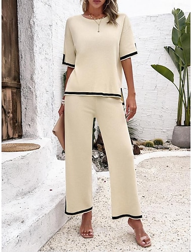  Femme Taille EU / US2 Pieces Setsdu quotidien T shirt Pantalon large Manche Courte Col Ras du Cou Plein Casual du quotidien Beige Eté Ample