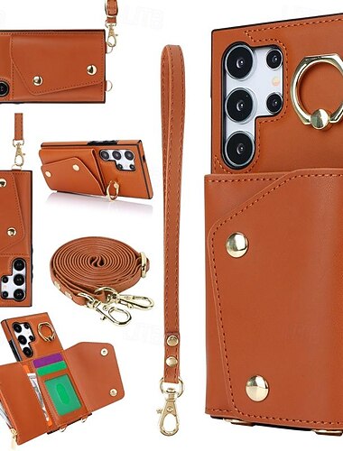  טלפון מגן עבור S26 אולטרה פלוס S25 S24 S23 S22 S23 FE S21 Ultra Plus A55 5G A35 5G A25 מארז כרטיס ארנק רוכסן עם שרוך עם רצועת יד רטרו TPU עור PU