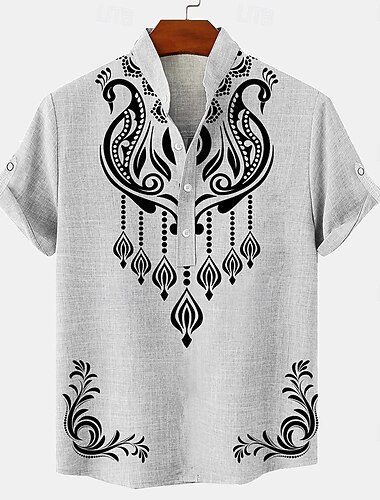  Férfi vászon ing Henley ing retro ingek Vintage ing Etnikai póló Etno Napi Szabadság Medence Bézs Szürke Rövid ujjú Mandarin gallér Nyár Tavasz Ruházat Nyomtatott