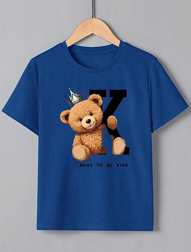  kinderkleidung Jungen T-Shirt Tee Bär Kurzarm Kinder oben Schulanfang 3D-Druck Neutral Täglich Sommer Dunkel Blau 8 bis 13 Jahre