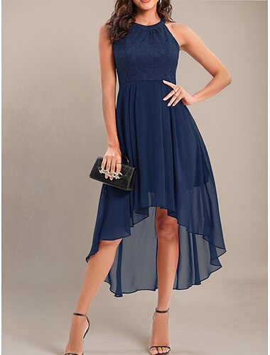  Damen Chiffon-Kleid Midikleid Asymmetrisch Hochzeit Party Elegant Ausgefallene Rundhalsausschnitt Ärmellos Wein Marineblau Purpur Farbe