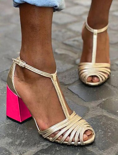  Sandalias de tacón cuadrado verdes y rosas para mujer: tacones atrevidos de dos tonos con tiras en T y punta abierta para fiestas y ocasiones especiales