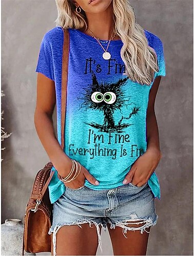  Damen T Shirt Katze Buchstabe Basic Kurzarm Rundhalsausschnitt Normale Oberteile Täglich Wochenende Bedruckt Gelb Blau Orange Grün Grau