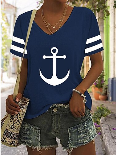  T-Shirt für Damen, Burgunderrot, Basic-Anker-Print, kurze Ärmel, normale Oberteile, V-Ausschnitt, für den Alltag, Wochenende, Weiß, Blau