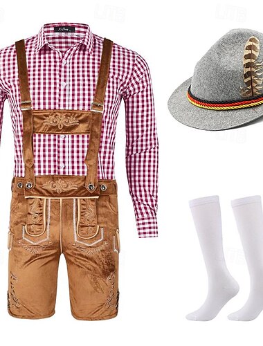  Carnival Oktoberfest Beer Costume Outfits Lederhosen Shirt Bavarian German Munich Wiesn Men's Traditional Style Cloth Shirt Socks Shorts