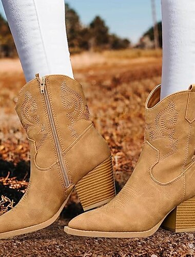  damstövlar cowboystövlar cowgirlstövlar broderade mid-kalven spetsiga tåstövlar retro chunky klack korta stövlar svart vit brun