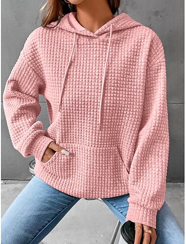  Damen Kapuzenpullover Sweatshirt Pullover lässig strukturiert schlicht Alltagskleidung mit Kapuze Fronttasche Langarm schwarz weiß rosa grau Herbst&amp; Winter