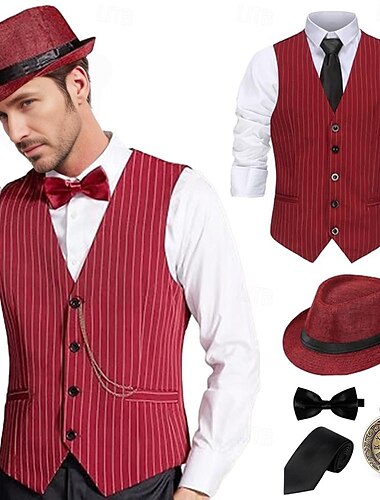  Retro Vintage Goldene Zwanziger 1920er Outfits Weste Zubehörset Gentleman Gangster Herren Halloween Karneval Neujahr Karneval Party / Abend Maskerade Erwachsene Krawatte Weste Hut Ganzjahres