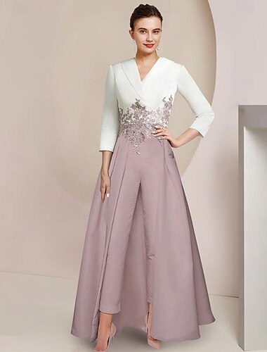  Combinaison  tailleur deux pièces mère de la mariée invitée de mariage formelle élégante fête en V longueur cheville crêpe dentelle manches 3/4 avec appliqués bloc de couleur 2025 taille