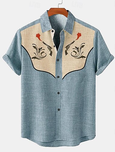  Herren Hemd leinenhemd Retro-Shirts Vintage-Shirt Ethnisches Hemd Blumen Outdoor Arbeit Blau Orange Grau Kurzarm Umlegekragen Sommer Frühling Bekleidung