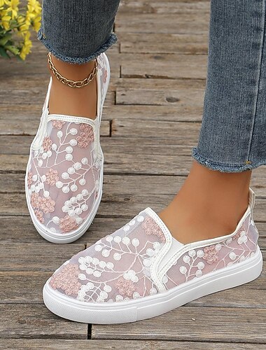  baskets à enfiler en dentelle blanche pour femmes – chaussures décontractées en maille respirante avec broderie florale pour l'été et le quotidien