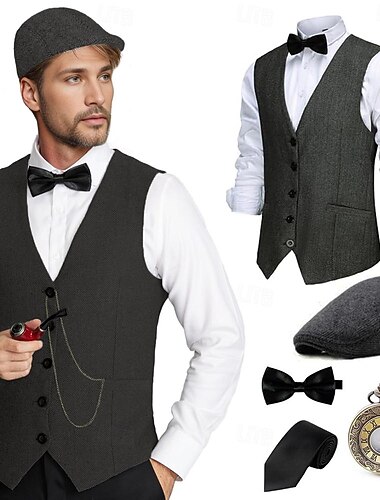  Retro / vintage De livlige 20-årene 1920-tallet Drakter vest Tilbehør sett Herre Gangster Kostyme Herre Halloween Karneval Nytt År Karneval Fest / aften Maskerade Voksne Halsklut Vest Hatt Alle