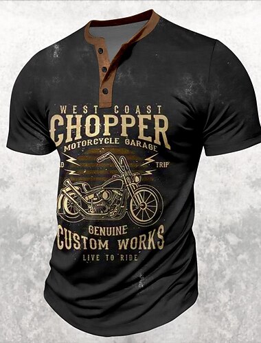  Pánské tričko s krátkým rukávem Henley | West Coast Chopper moto garážová grafika | Genuine Custom Works Žít na jízdu biker tričko