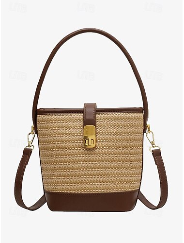  Damen Schultertasche Bucket-Taschen Strohsack Stroh Party Festtage Strand Schnalle Hohe Kapazität Multi-Carry Farbblock nicht-gerade weiss Kaki