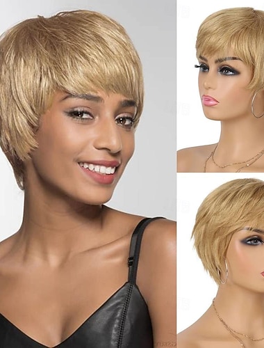  Peruca curta de cabelo humano com corte pixie e franja 150% de densidade loira em camadas onduladas para mulheres 27 #