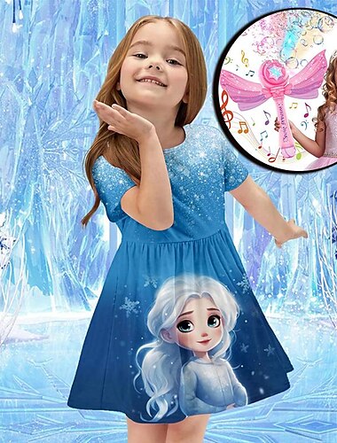  Mädchen 3D Prinzessin Kleid Rosa Kurzarm 3D Druck Sommer Täglich Urlaub Lässig Schöne Kinder 3-12 Jahre Freizeitkleid Skaterkleid Über Knie Polyester Normale Passform mit Mädchen Seifenblasenmaschine