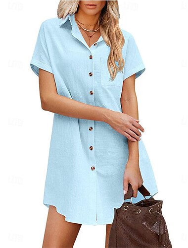  Damen Weißes Kleid blusenkleid Minikleid Verabredung Urlaub Baumwolle und Leinen Basic Modern Hemdkragen Taste Tasche Kurzarm Sommer Frühling Lockere Passform Glatt