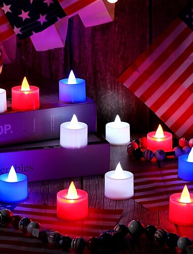  24 piezas de luz de té sin llama día de la independencia luz de vela electrónica luz roja blanca azul 4 de julio luz votiva LED intermitente patriótica cuatro de julio día conmemorativo del trabajo de