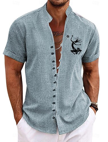  Herren Hemd Hawaiihemd Sommerhemd Aloha-Shirt Kurzarm Hemd Ständer Brautkleider schlicht Stamm Festtage Blau Grün Khaki S M L