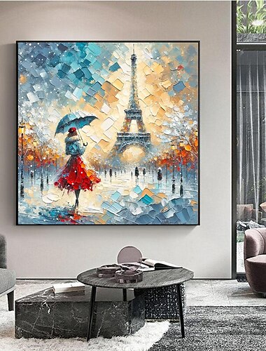  Original verregnete Pariser Eleganz handgemaltes pastoses Ölgemälde lebendige Eiffelturm Straßenszene Wandkunst ungerahmtes Leinwandgemälde