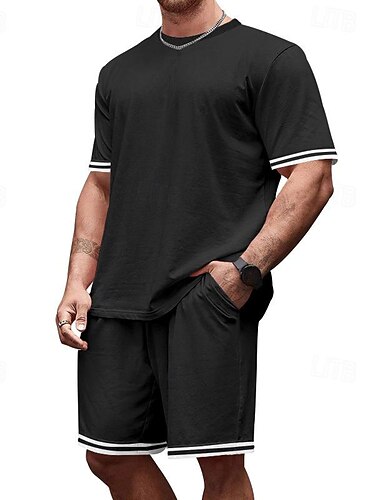  Herren T-Shirt Anzüge 2-teiliges Outfit T-Shirt und Shorts Kurzarm Rundhalsausschnitt Sommer Farbblock Mode Lässig 2 teilig Urlaub Alltagskleidung Ausgehen Schwarz Rote Marineblau Top T-Shirt für