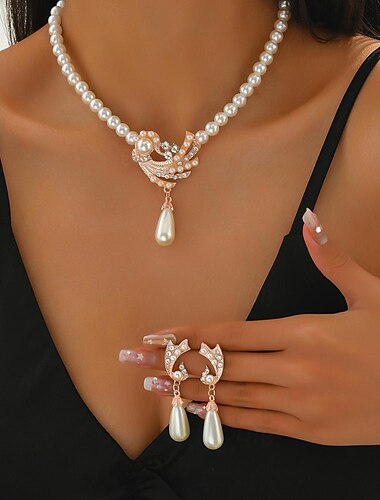  Sieradenset 3 stuks Imitatieparel Legering Oorbellen Kettingen Dames Elegant Vintage Sierlijk meetkundig Geometrische vorm Sieraden set Voor Bruiloft Feest Vuosipäivä