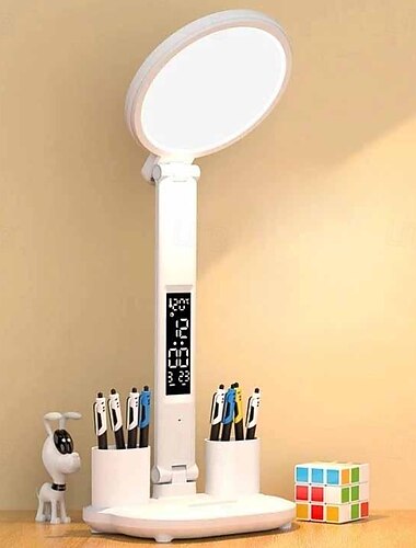  Tischlampe LED Multifunktions-Falt-Touch mit Kalenderuhr USB-Schreibtischlampe Eingebauter Ventilator Augenpflege-Technologie für Schlafzimmer Nachttisch-Leselicht