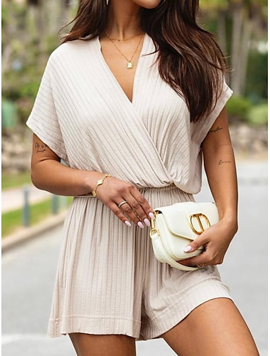  Mujer Normal Mono Ropa de calle Color sólido Manga Corta Escote en Pico Calle Diario Ajuste regular Negro Blanco Fucsia Verano