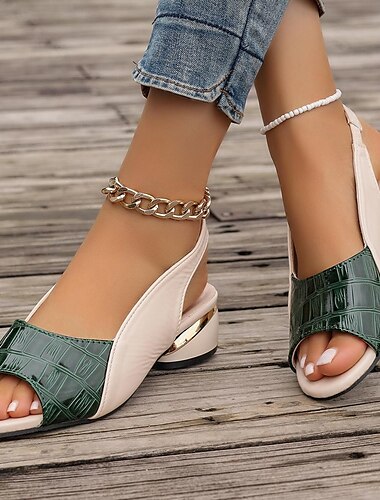  naisten vihreät ja beigenväriset avokärkiset slingback-sandaalit – krokotiilikuvioinen muotoilu kultaisilla kantapäällä rentoon ja eleganttiin kesäasuihin