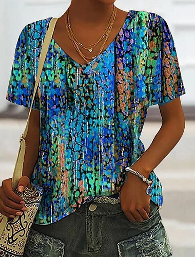 Damen T Shirt Grafik Ölgemälde Blumen Basic Kurzarm V Ausschnitt Normale Oberteile Täglich Wochenende Druck Asymmetrisch Rote Blau Purpur