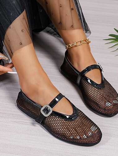  Slip-ons femininos dedo do pé redondo plano oco malha fivela cinta sapatos leves sapatos confortáveis preto branco rosa