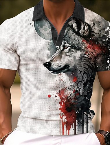  Herren Wolf Golfshirt Kurzarm Polo-Shirts Hemden mit Kragen Lustig Streetwear Urlaubskleidung Party-Outfits Knöpfe 3D-Druck Sommer Frühling Schwarz Rote Marinenblau