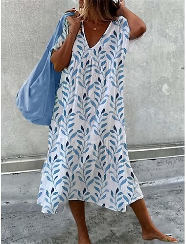  Damen Midikleid Leinen-inspirierte Kleider Pulloverkleid Langärmliges Boho-Kleid Elegant Bohemien Lässig Urlaub Heim Täglich Lässiger Schnitt Blumen V Ausschnitt Rosa Rote Blau Sommer