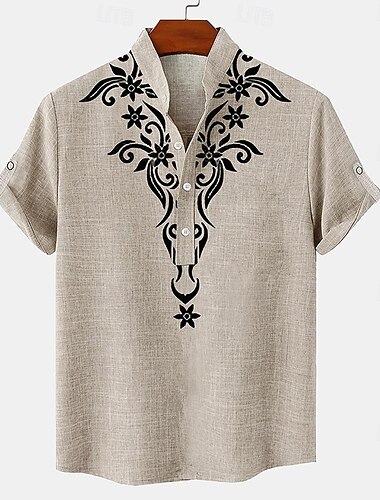  Herren Hemd leinenhemd Henley Shirt Retro-Shirts Vintage-Shirt Ethnisches Hemd Ethnisch Täglich Festtage Blau Beige Grau Kurzarm Stehkragen Sommer Frühling Bekleidung Bedruckt