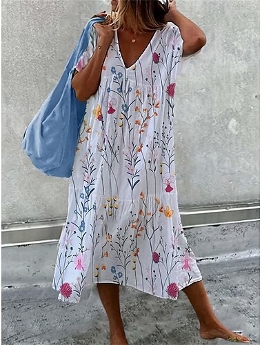  Femmes Robe Midi Robes inspirées du lin Robe pull Robe Bohème à Manches Longues Élégant Bohème Occasionnel Vacances Maison Quotidien Coupe Ample Fleuri Col en V Rose Claire Rouge Bleu Été
