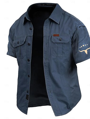  Herren Kuh-Druck Hemd Westernhemd Cargo-Shirt Kurzarm Brautkleider schlicht Taktisch Sport & Natur Ausgehen Sommer Frühling Umlegekragen Bedruckt Armeegrün Khaki Dunkelblau